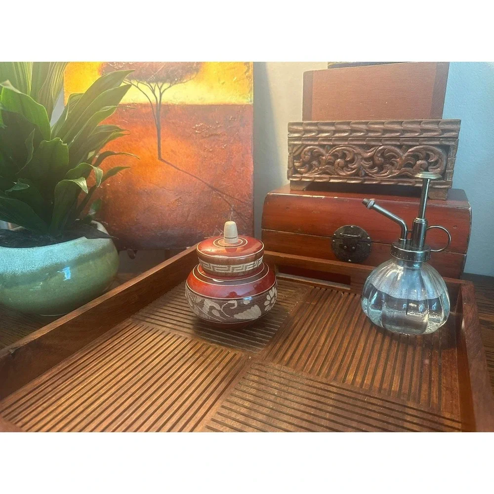 Vintage Mexican Hand Carved Red Wooden Round Trinket Box Cabo San Lucas